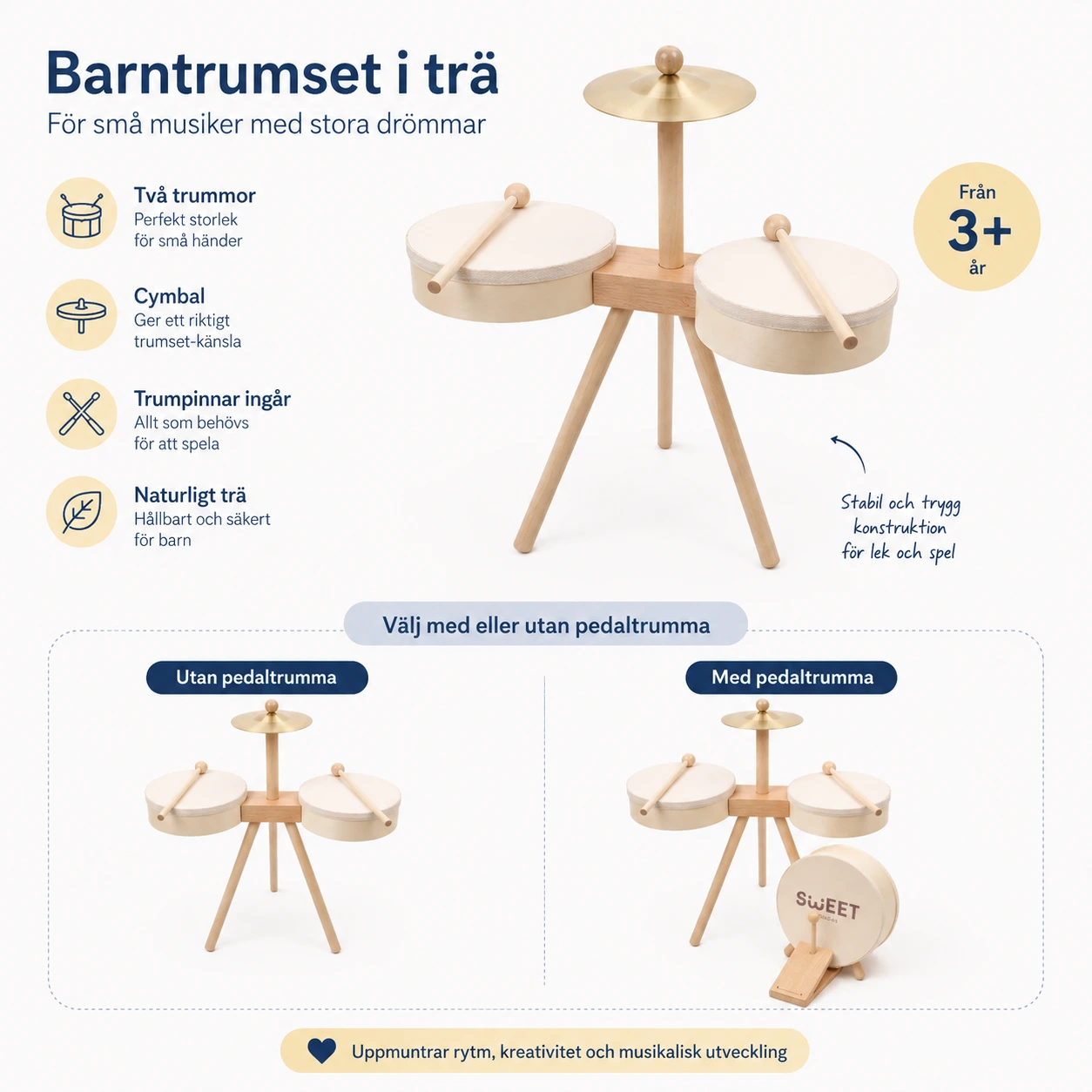 Barntrumset i trä med cymbal