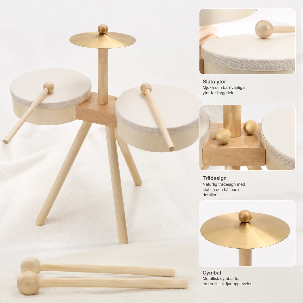 Barntrumset i trä med cymbal