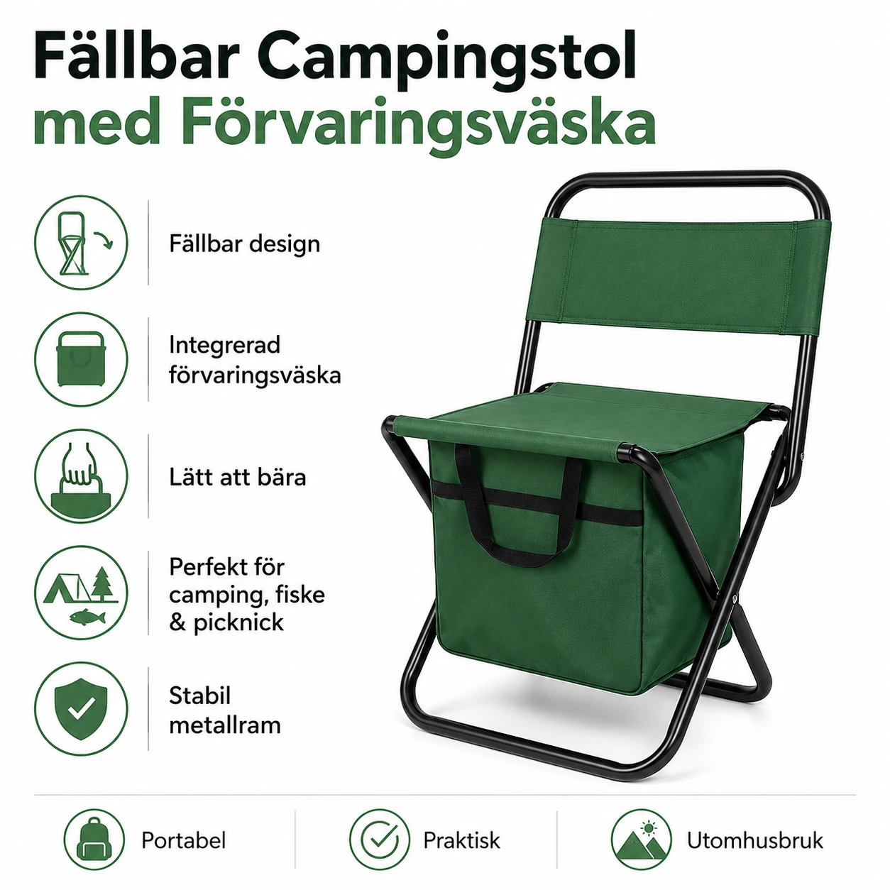 Portabel hopfällbar campingstol med kylväska