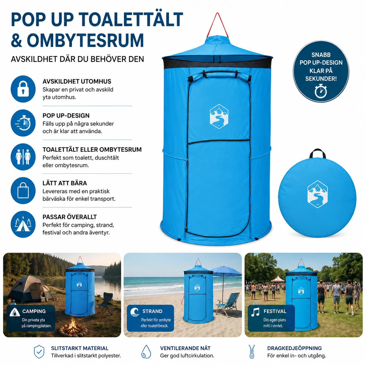 Pop up-toalettält för camping med bärväska
