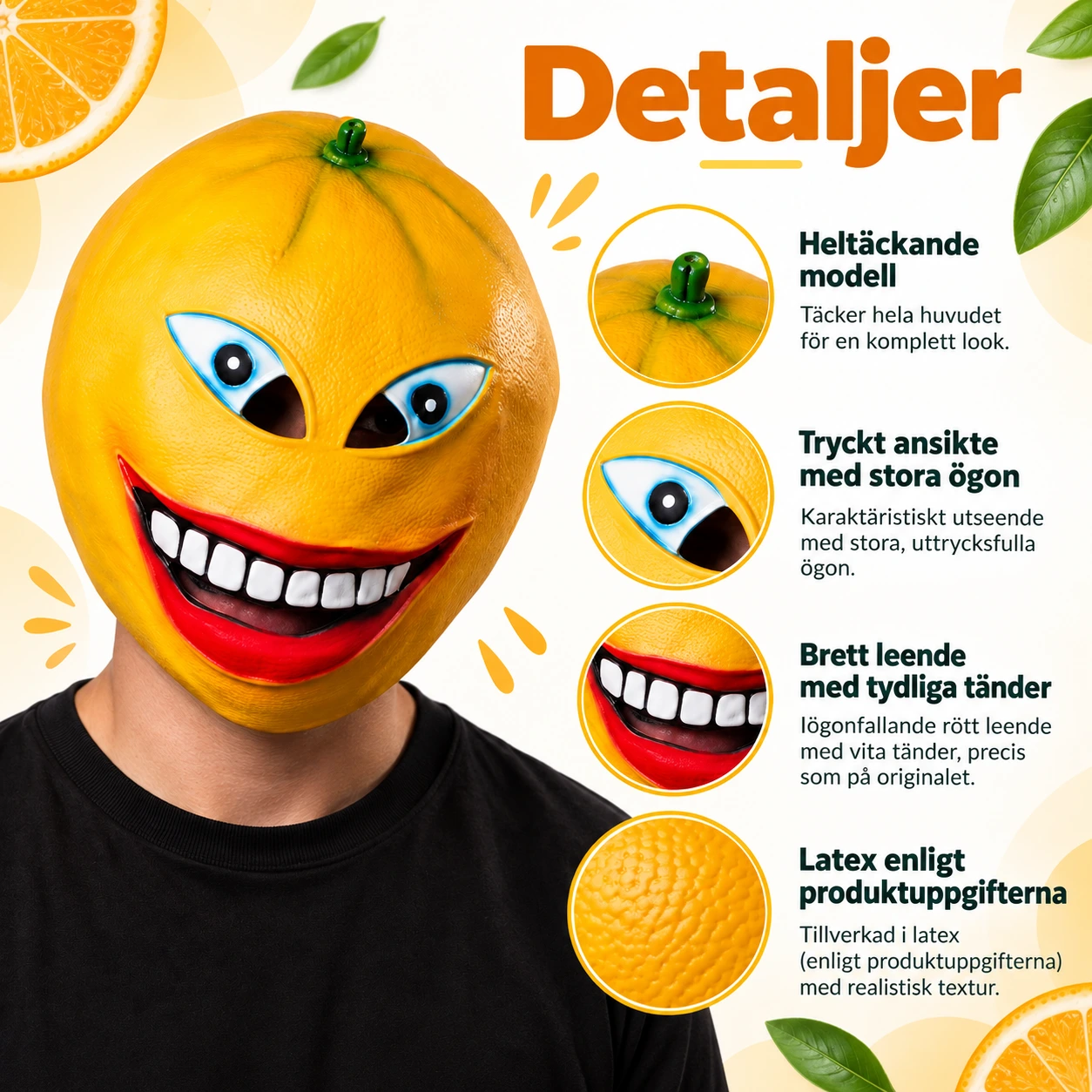 Mask apelsinhuvud i latex för cosplay och scen
