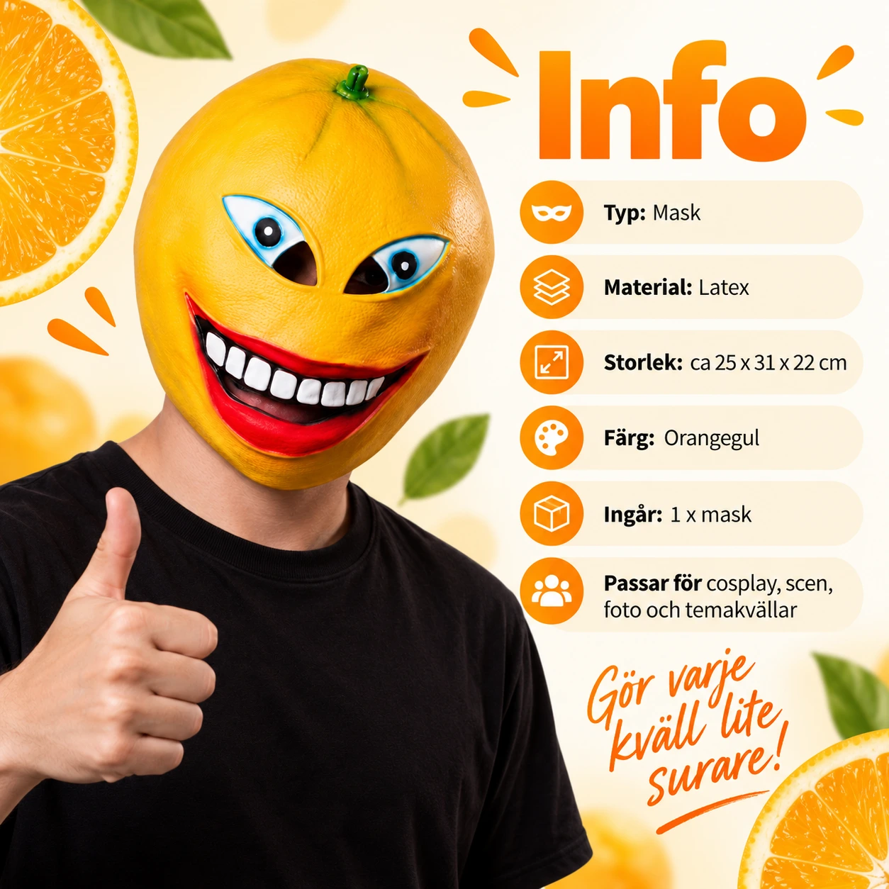 Mask apelsinhuvud i latex för cosplay och scen