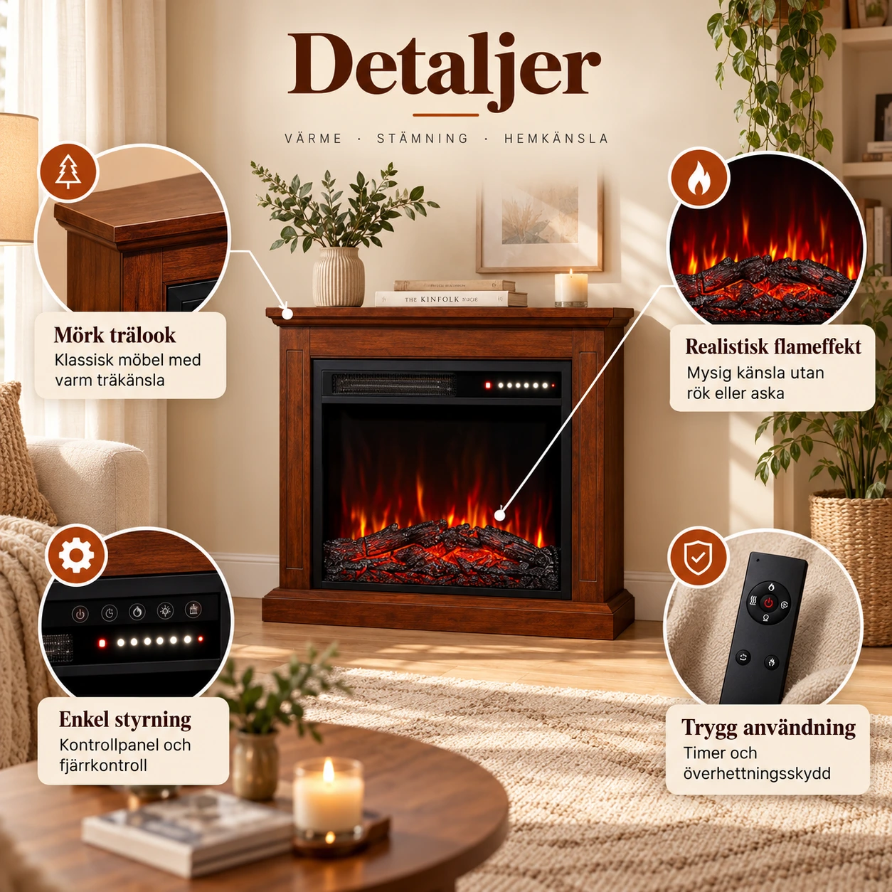 Elektrisk Kamin med 3D-Flammeffekt, 23 Flamfärger och Fjärrkontroll