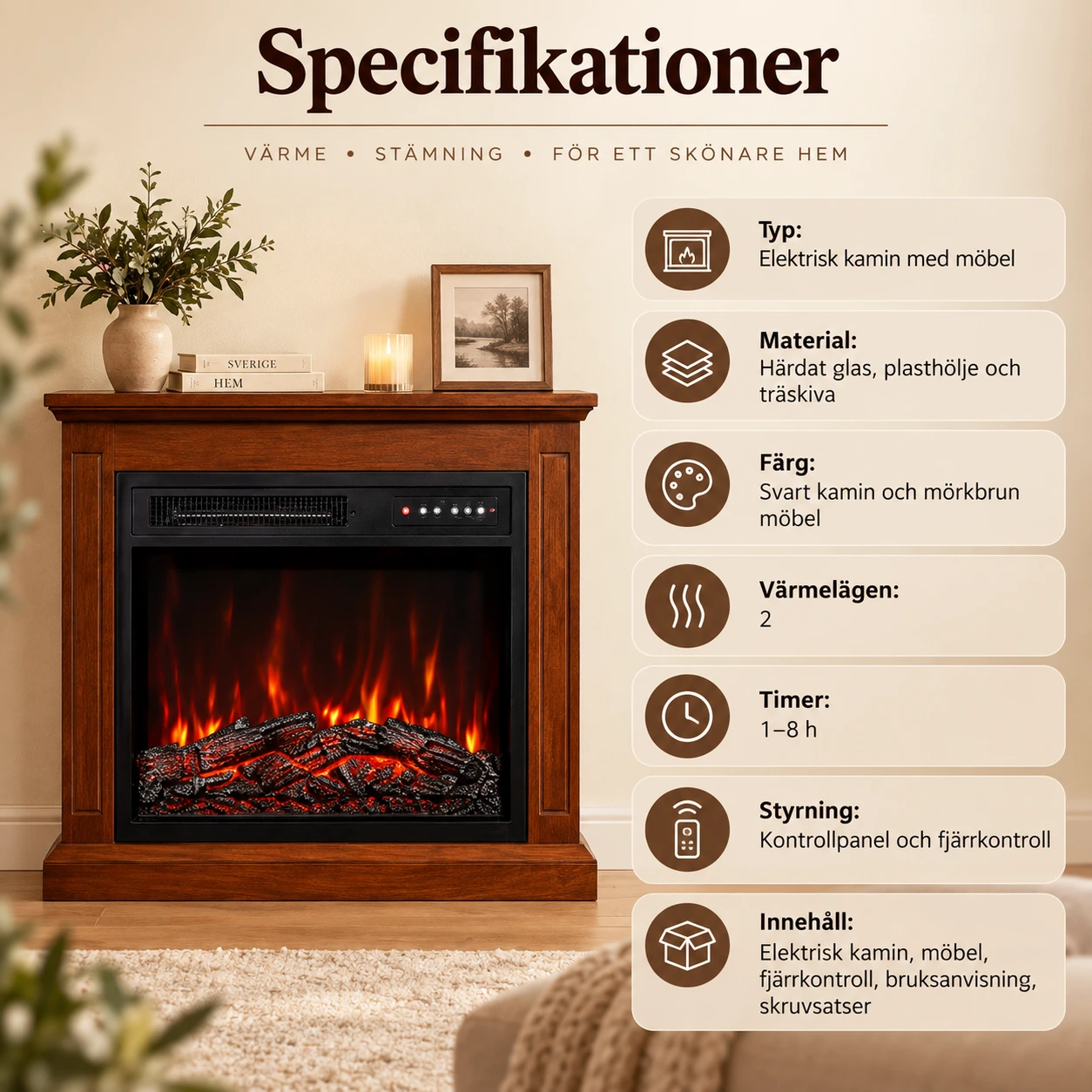 Sähkötakka 3D-liekkitehosteella, 23 liekkiväriä ja kaukosäädin