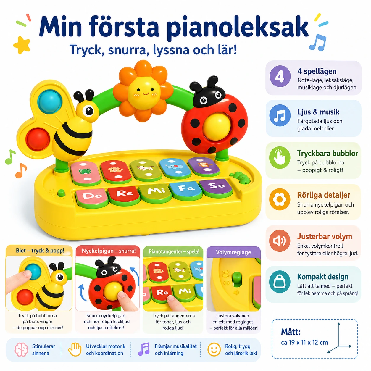 Babypiano Insekt – Musik, Ljus & 4 Spellägen