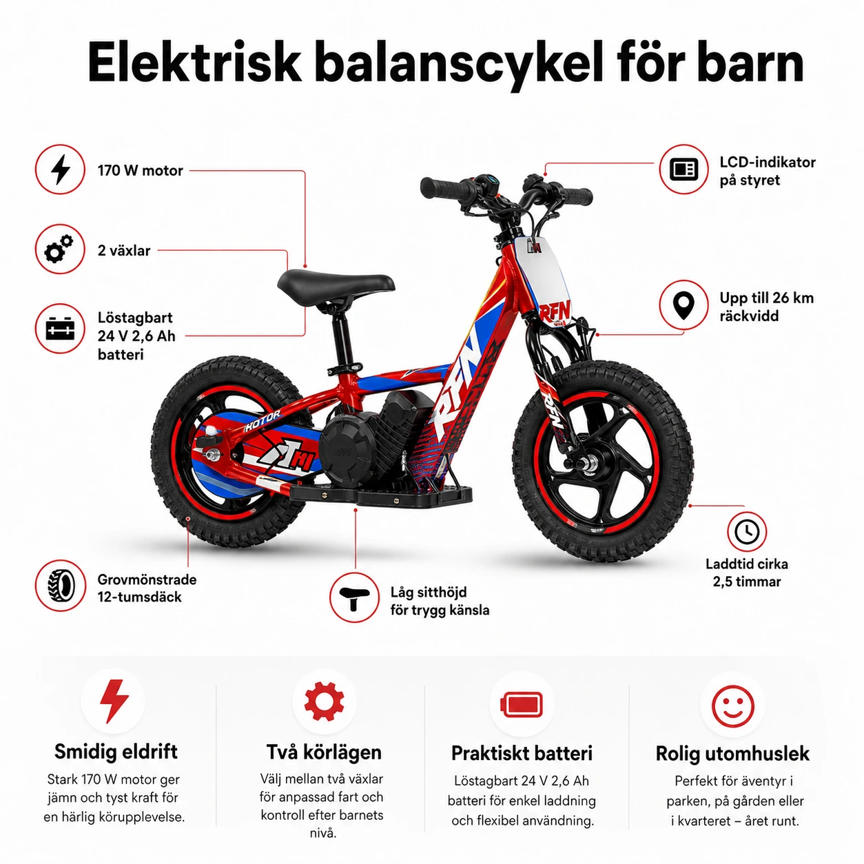 Elektrisk balanscykel för barn med 2 växlar och 170 W