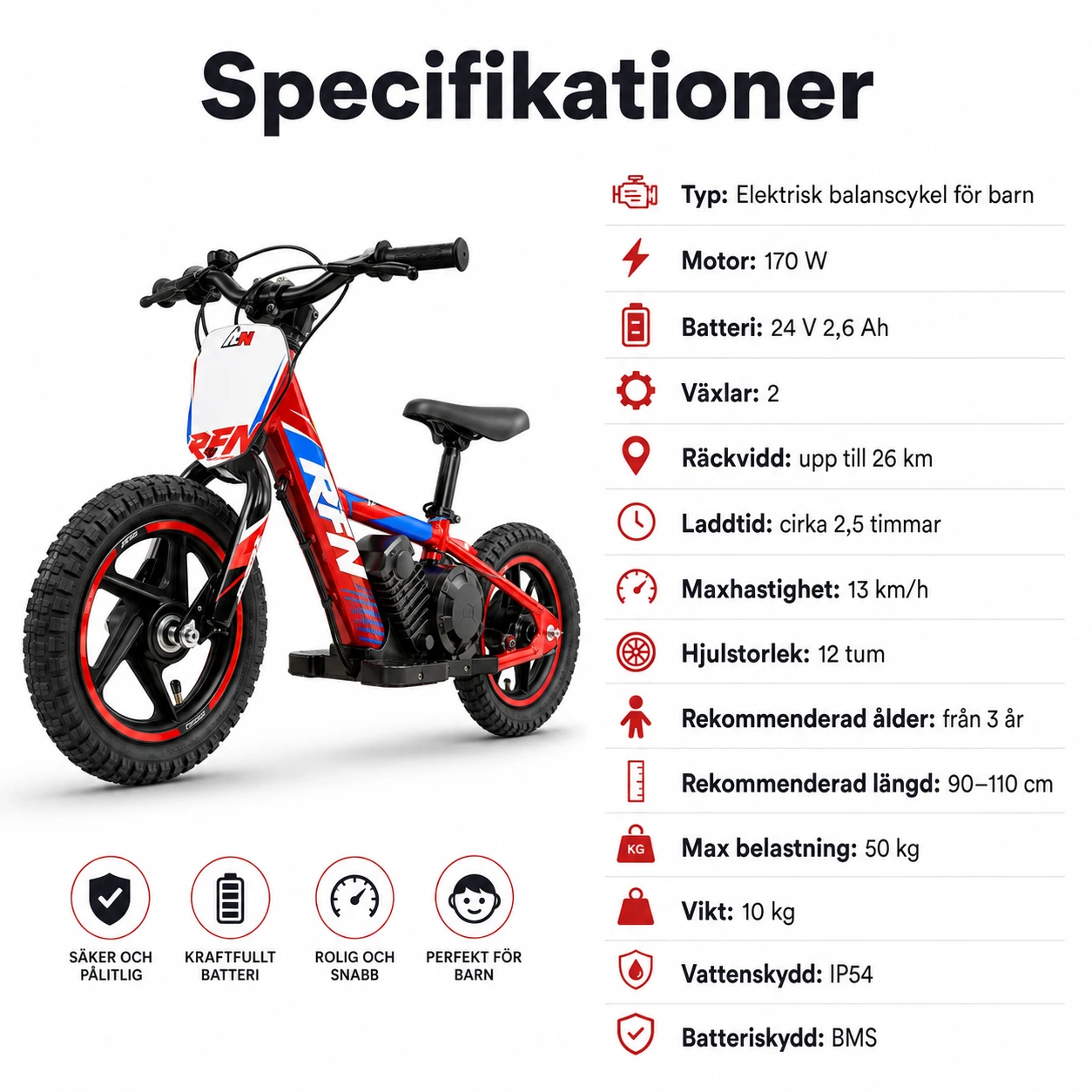 Elektrisk balanscykel för barn med 2 växlar och 170 W