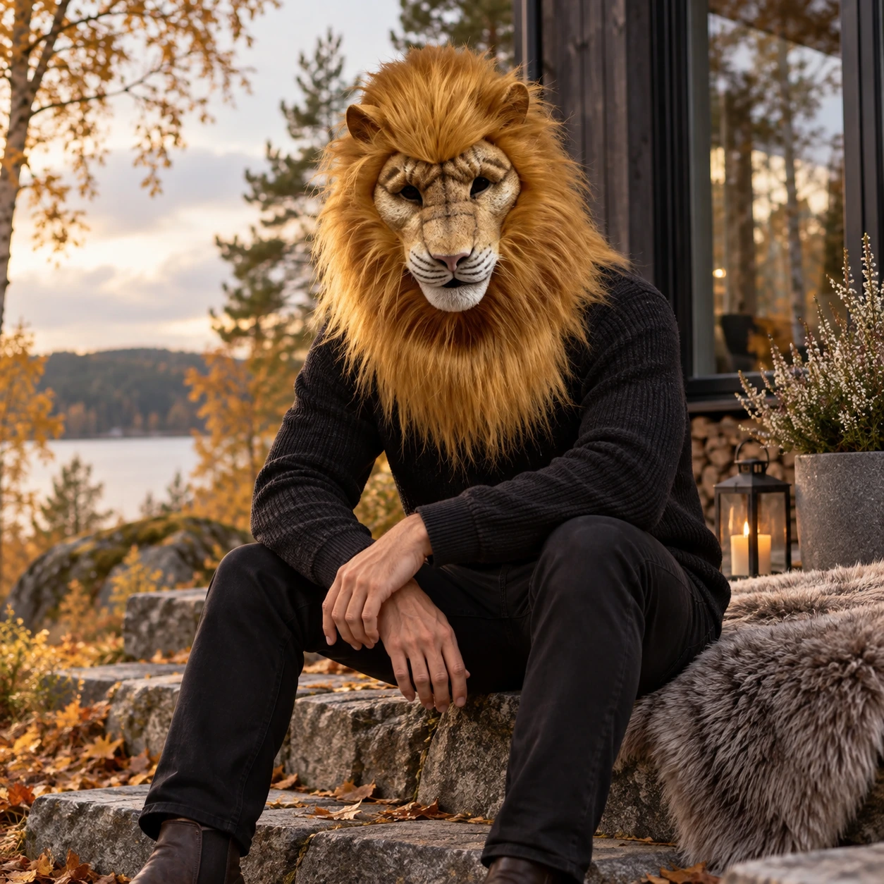 Aikuisten leijonamaski hupulla ja pitkällä harjalla