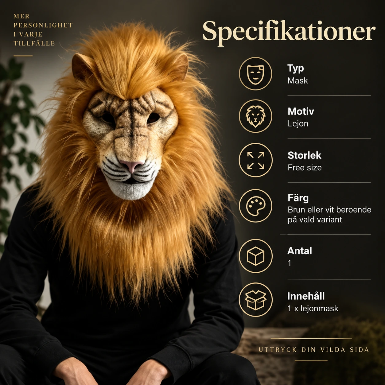 Aikuisten leijonamaski hupulla ja pitkällä harjalla
