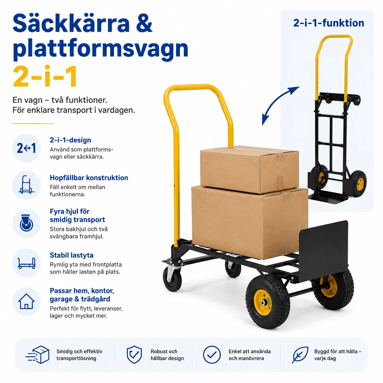 Säckkärra och plattformsvagn 2-i-1 med hopfällbar design
