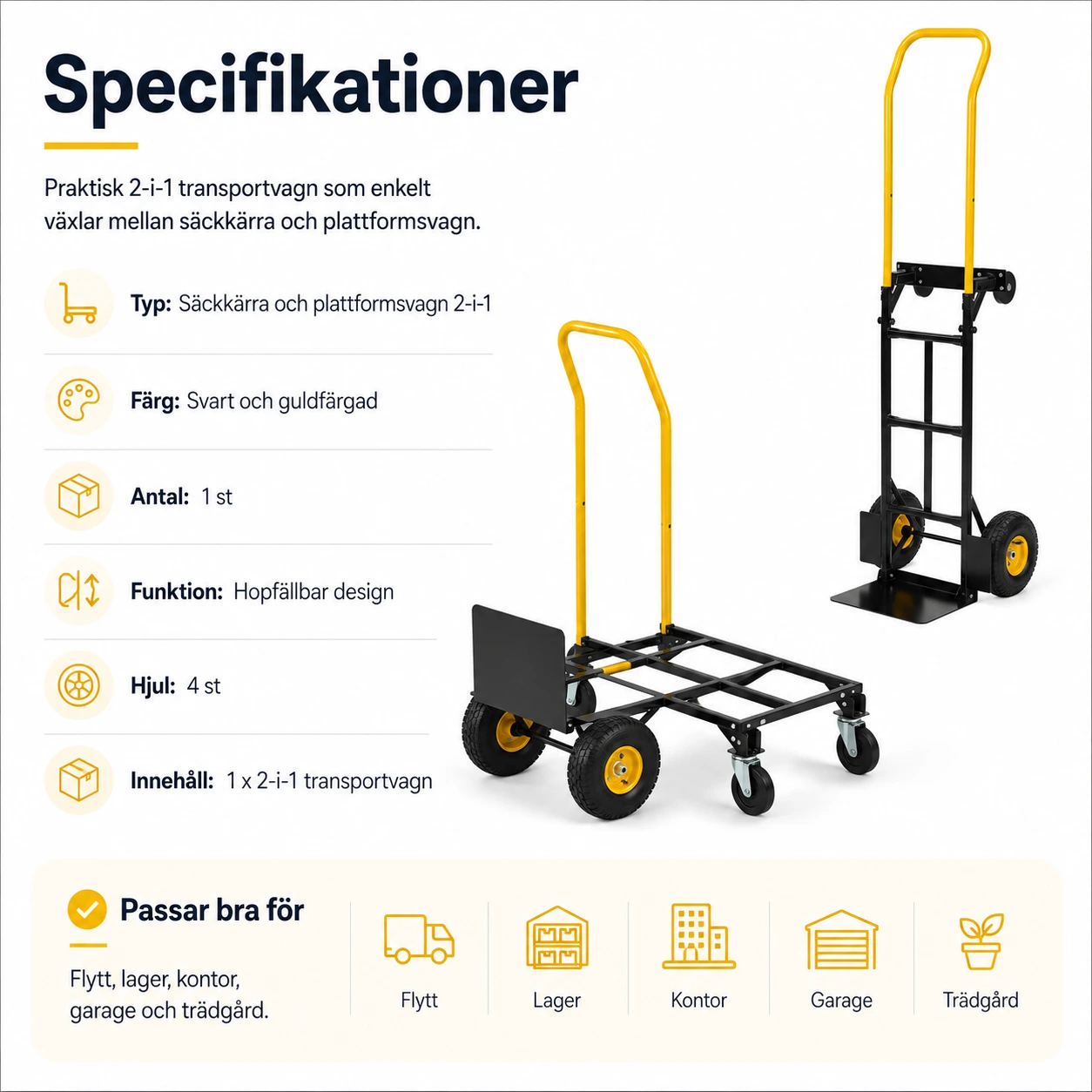 Säckkärra och plattformsvagn 2-i-1 med hopfällbar design