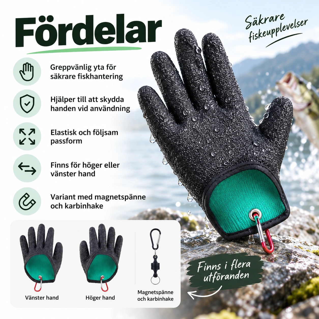 Fiskehandske för fiskhantering med magnetspänne
