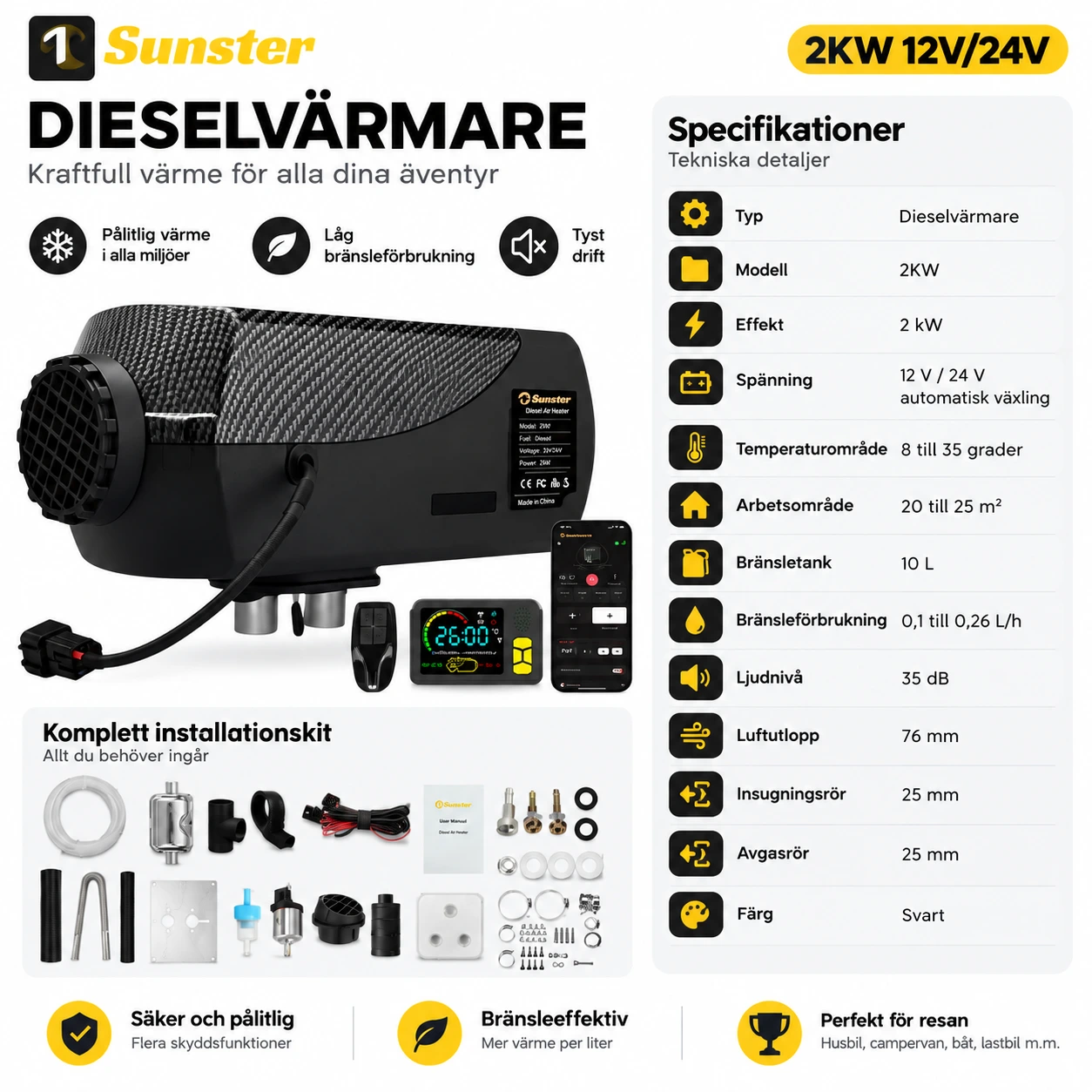 Dieselvärmare för husbil och båt 2 kW med Bluetooth