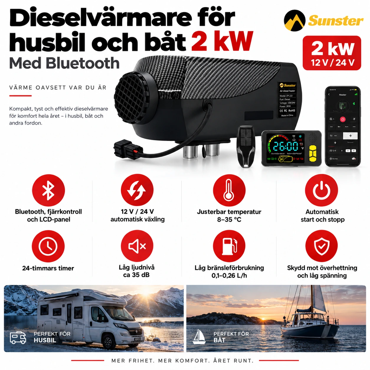 Dieselvärmare för husbil och båt 2 kW med Bluetooth