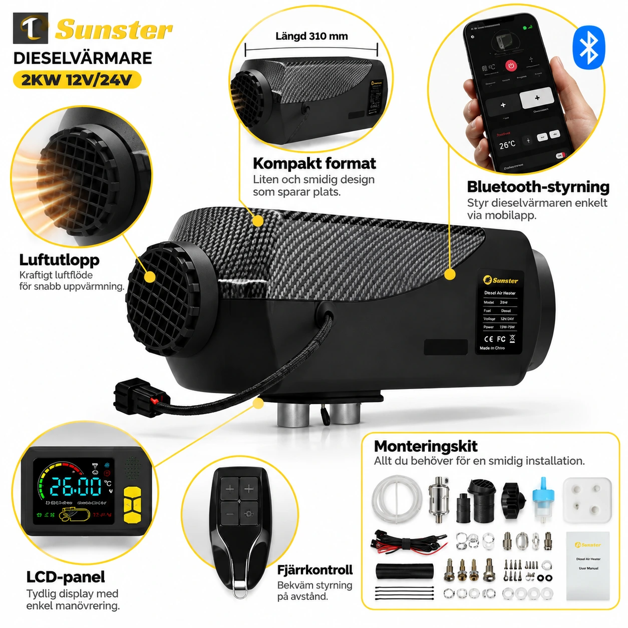 Diesel-lämmitin matkailuautoon ja veneeseen, 2 kW, Bluetooth