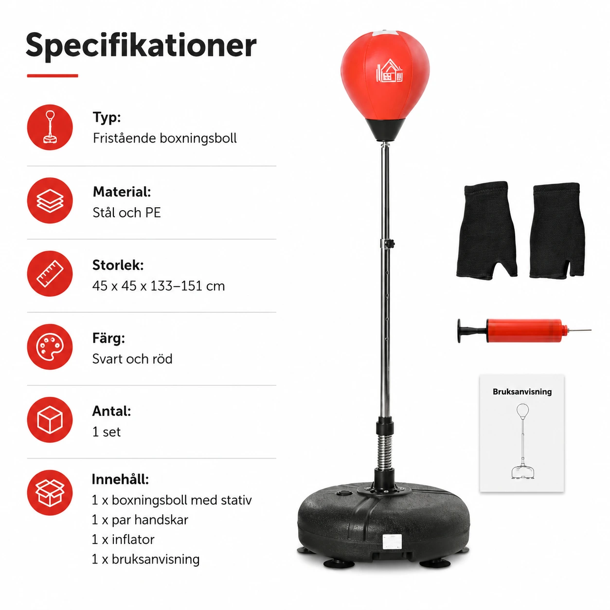 Fristående boxningsboll med justerbar höjd 133–151 cm