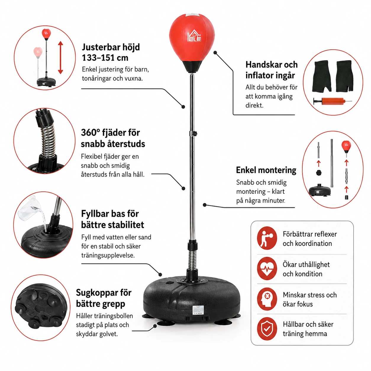 Fristående boxningsboll med justerbar höjd 133–151 cm