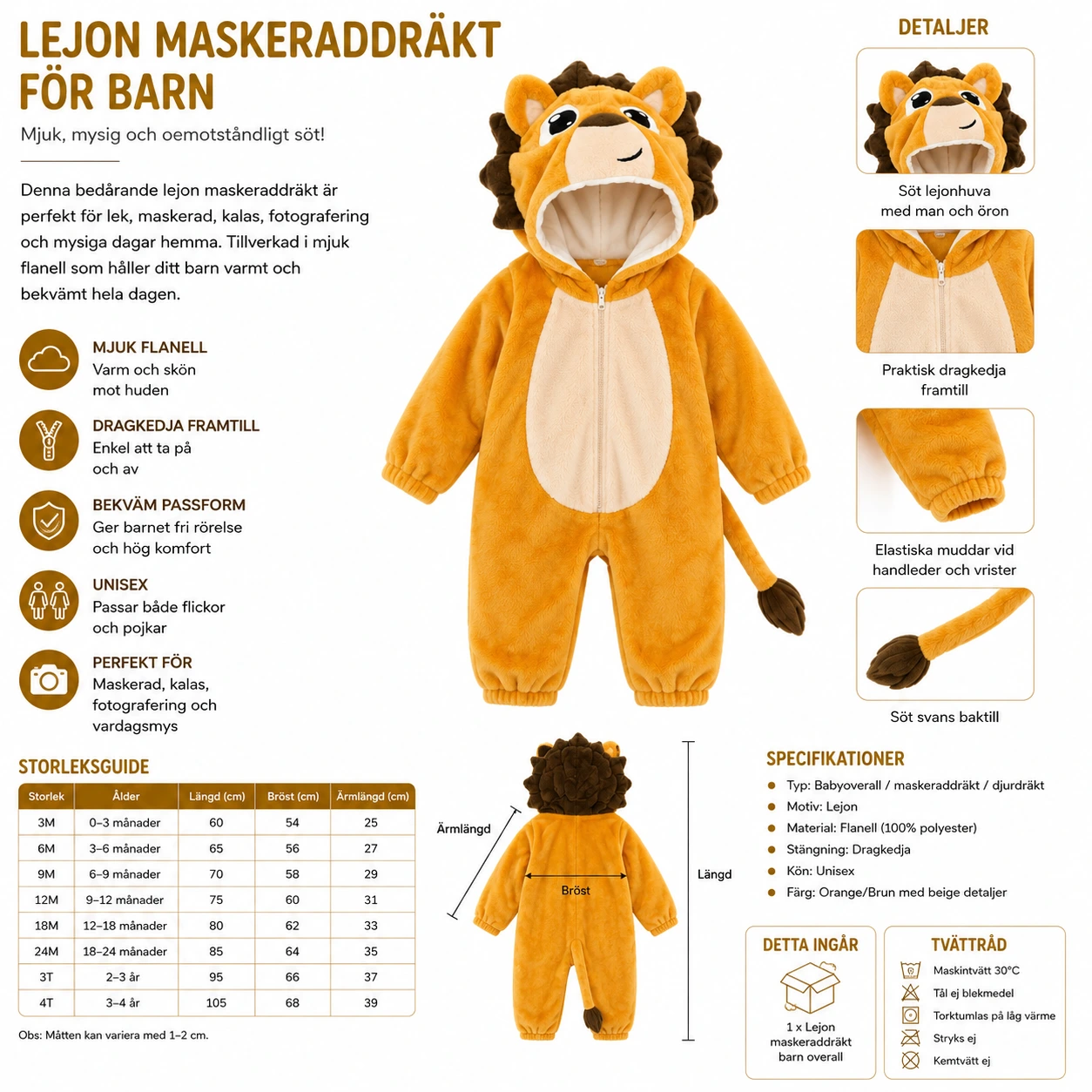 Lejon Maskeraddräkt för Barn – Mjuk Flanell med Huva & Svans