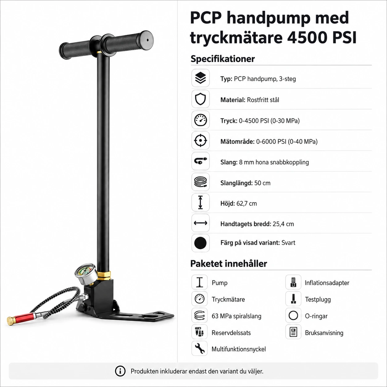 PCP handpump med tryckmätare 4500 PSI