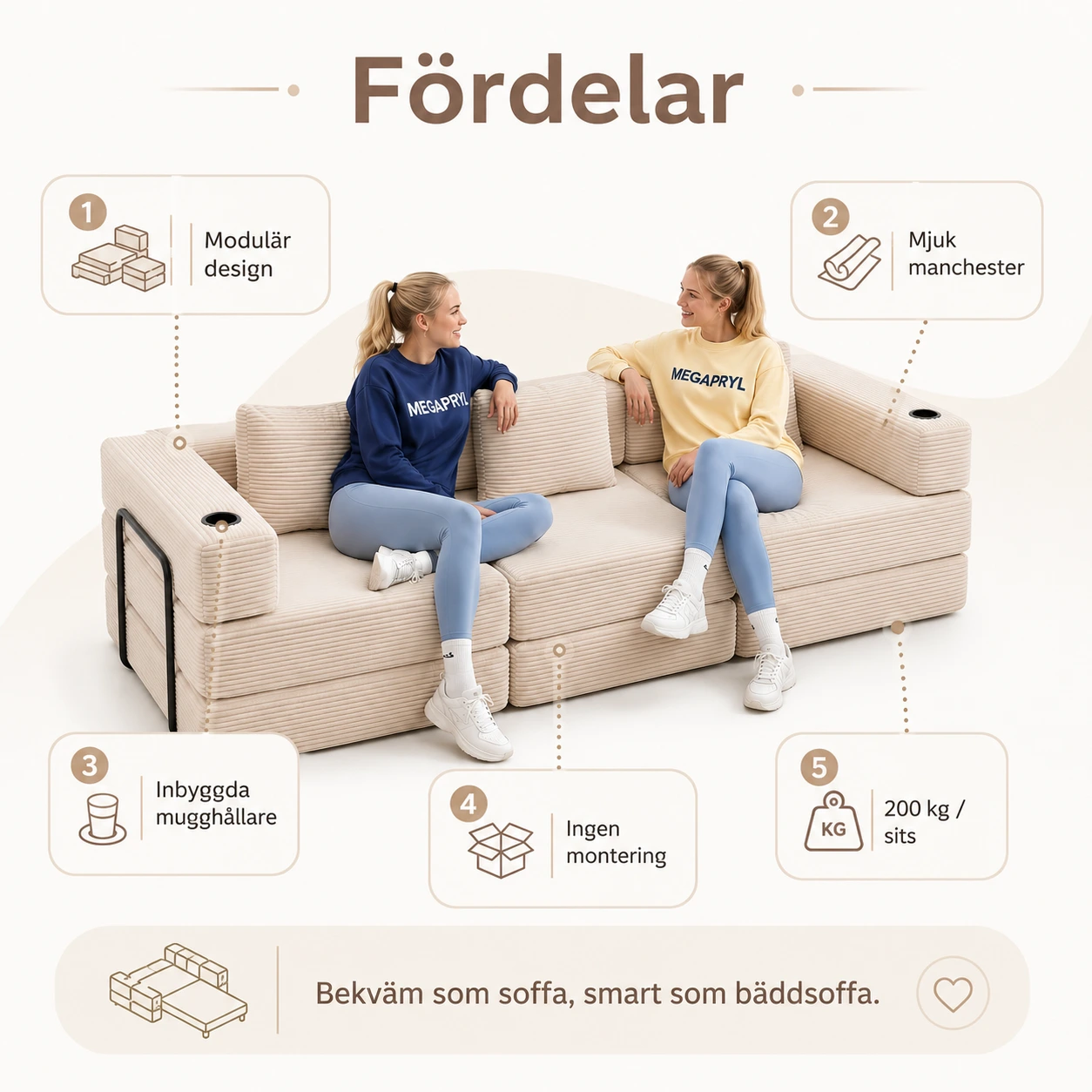 Modulsoffa i Manchester 3-Sits Bäddsoffa med Mugghållare