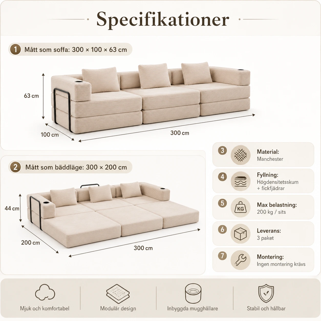 Modulsoffa i Manchester 3-Sits Bäddsoffa med Mugghållare