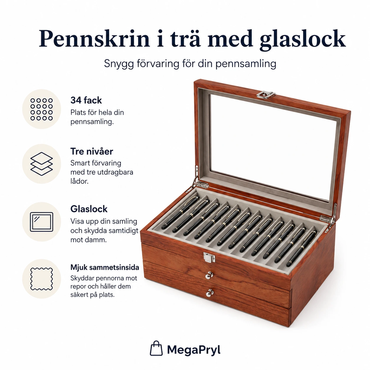 Pennskrin i trä med glaslock och 34 fack