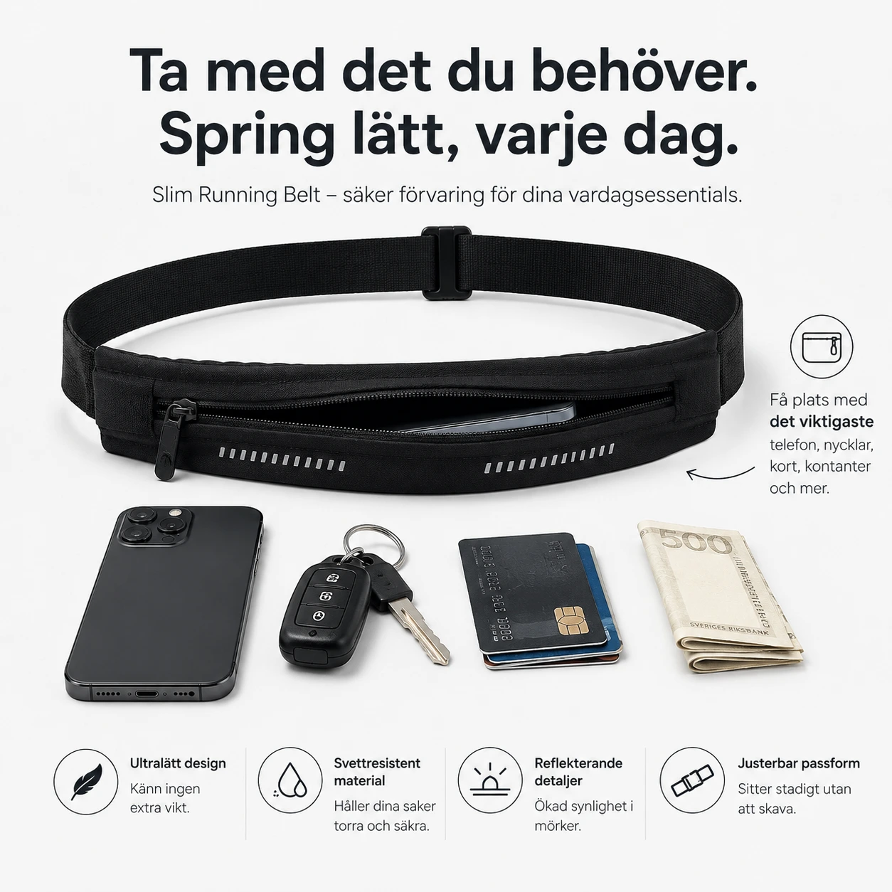 Slimmat Löparbälte med Reflex och Ficka – Svart