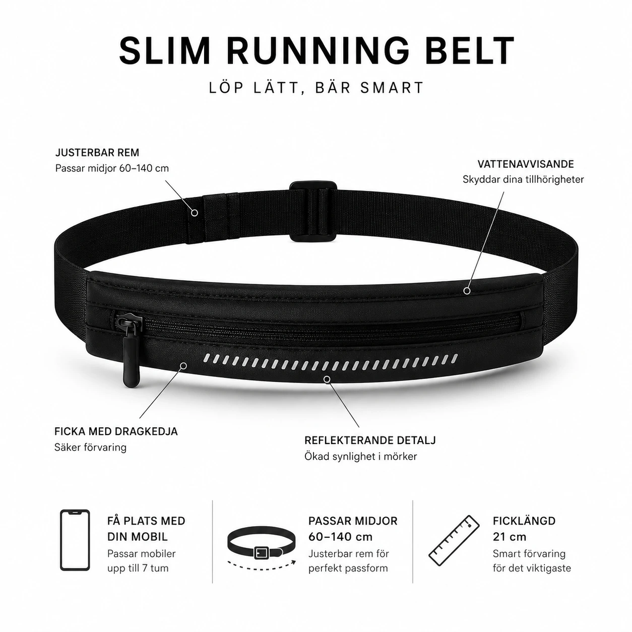Slimmat Löparbälte med Reflex och Ficka – Svart