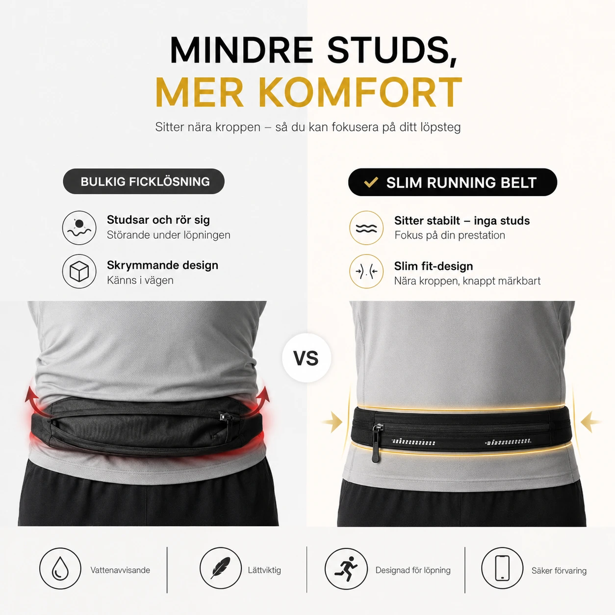 Slimmat Löparbälte med Reflex och Ficka – Svart