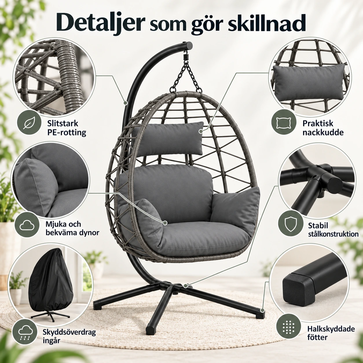 Hängstol med stativ för inom- och utomhusbruk