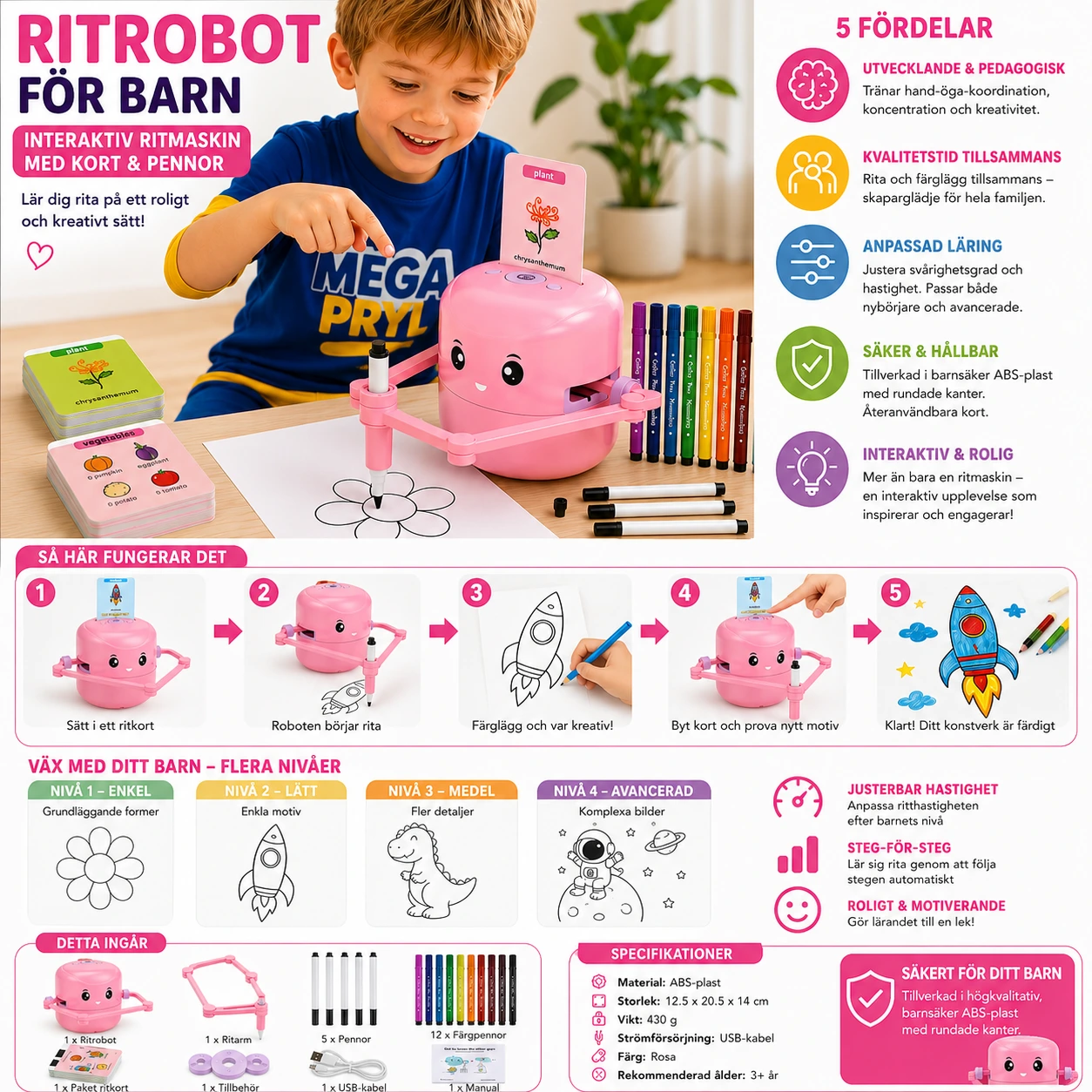 Ritrobot för Barn – Interaktiv Ritmaskin med Kort & Pennor