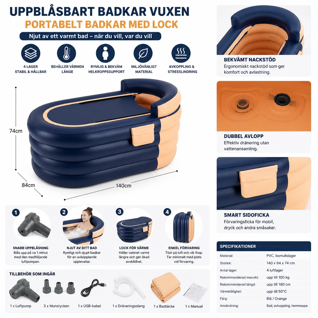 Uppblåsbart Badkar Vuxen – Portabelt Badkar med Lock