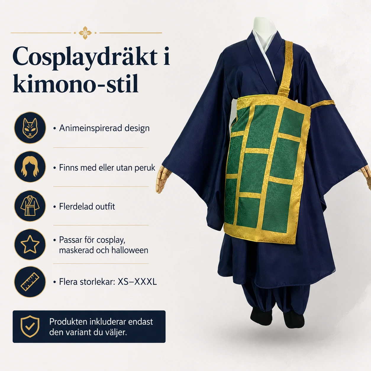 Cosplaydräkt i kimono-stil med valbar peruk