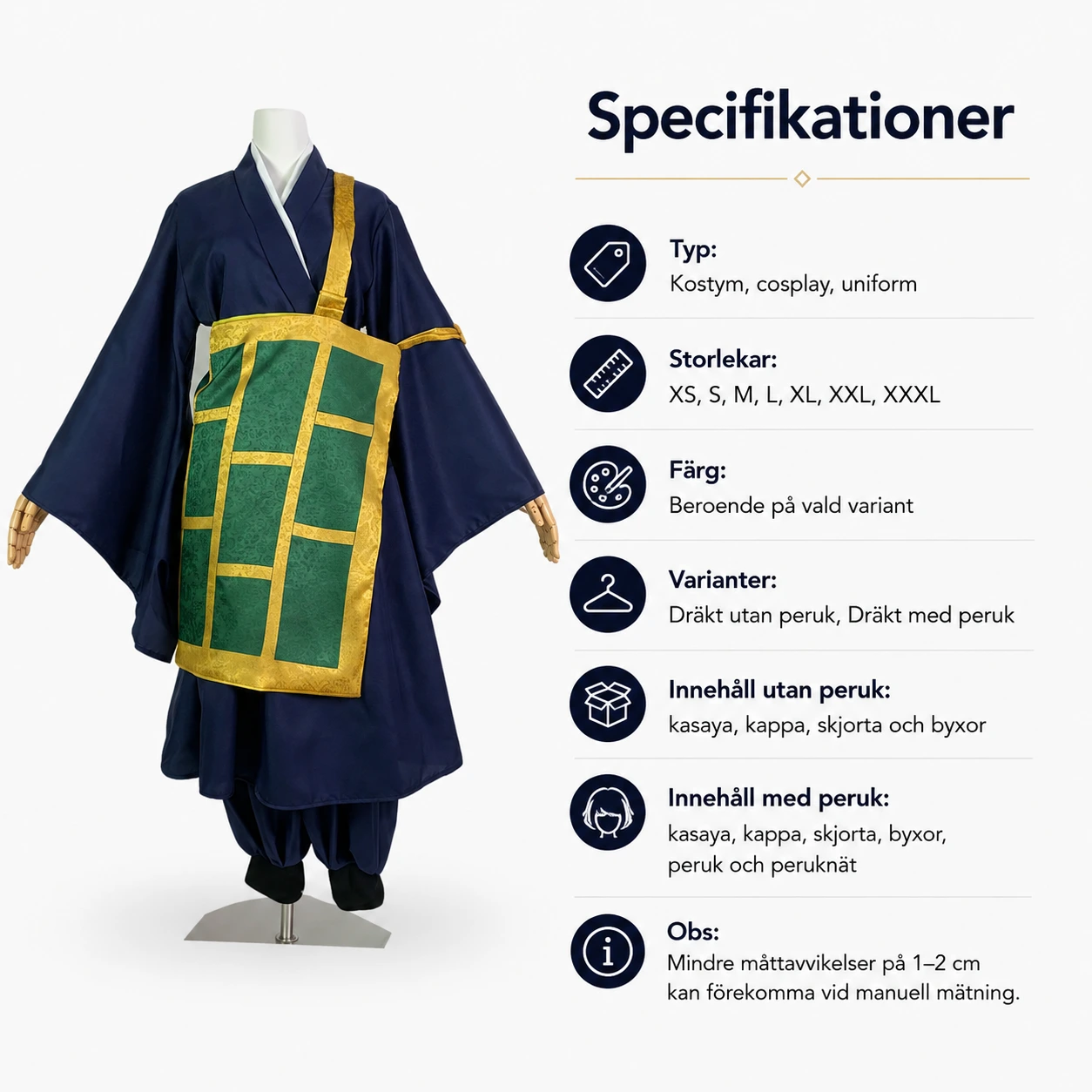 Cosplaydräkt i kimono-stil med valbar peruk