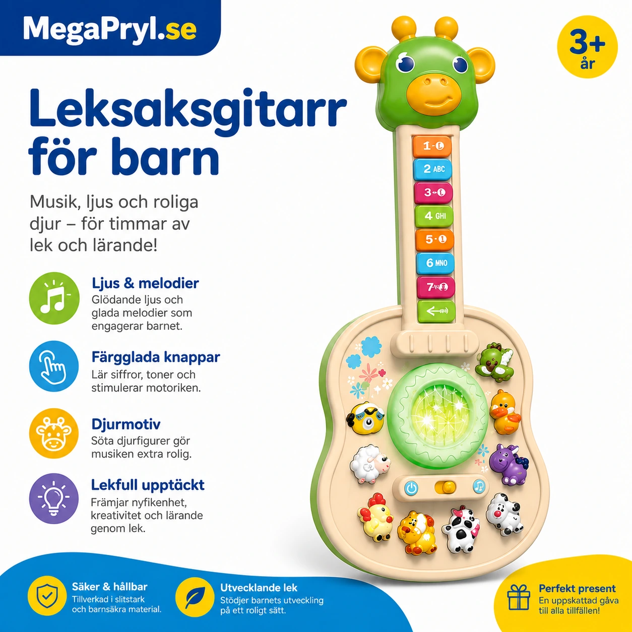 Leksaksgitarr för Barn med Ljus, Melodier och Djurmotiv