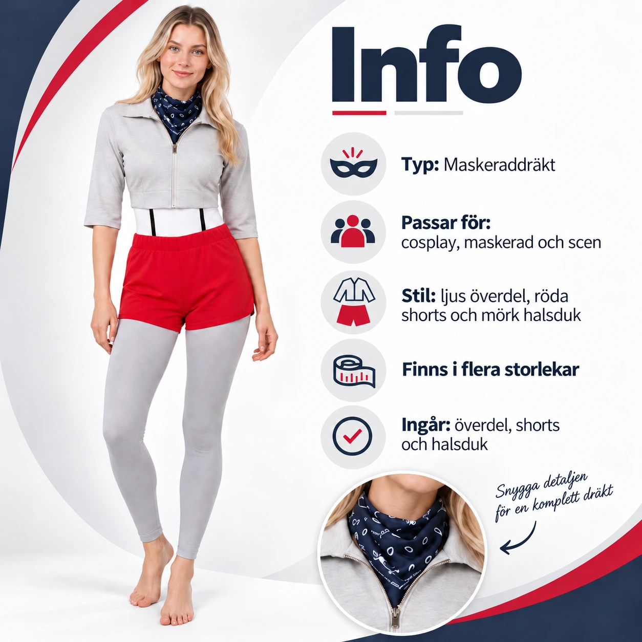 Harmaa cosplaytakki, punaiset shortsit ja huivi