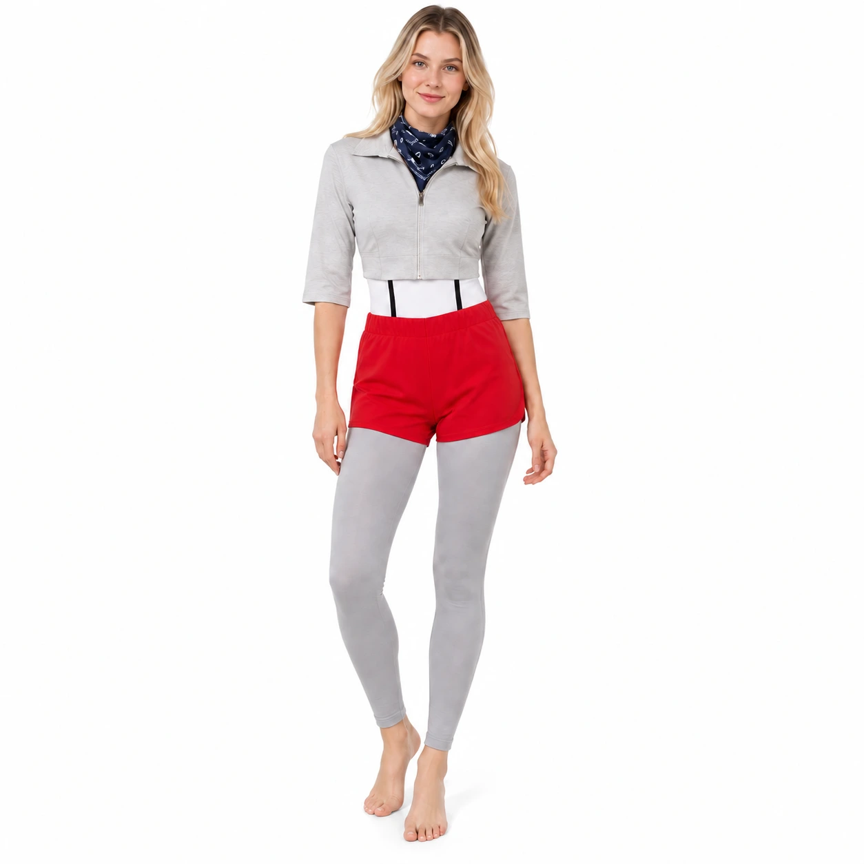Maskeraddräkt med grå jacka – röda shorts, leggings och halsduk