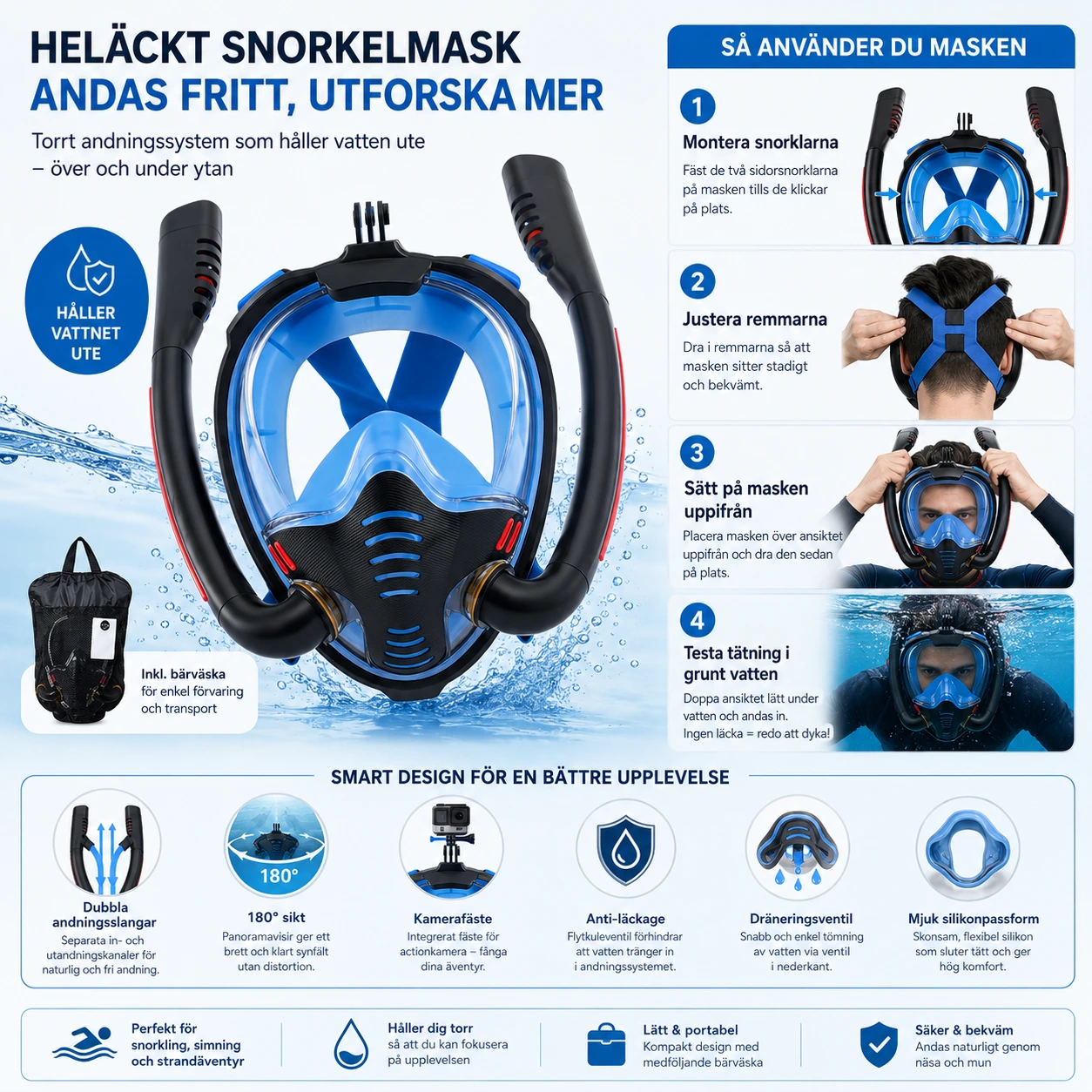Snorkelmask Helansikte – Dubbel Slang & Kamerafäste