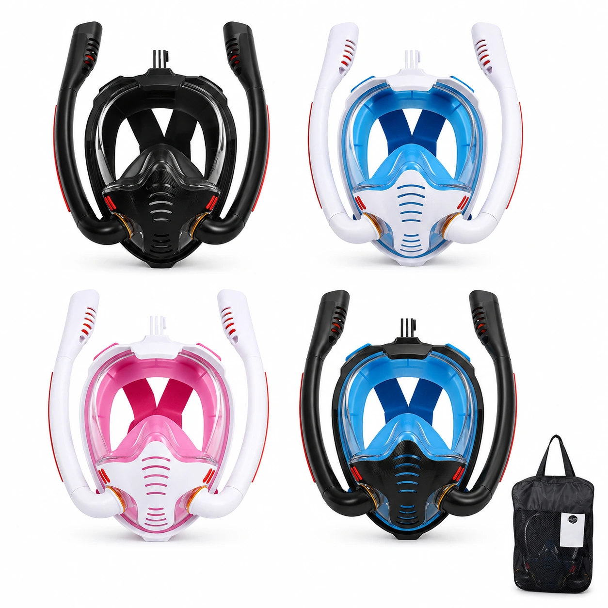 Snorkelmask Helansikte – Dubbel Slang & Kamerafäste