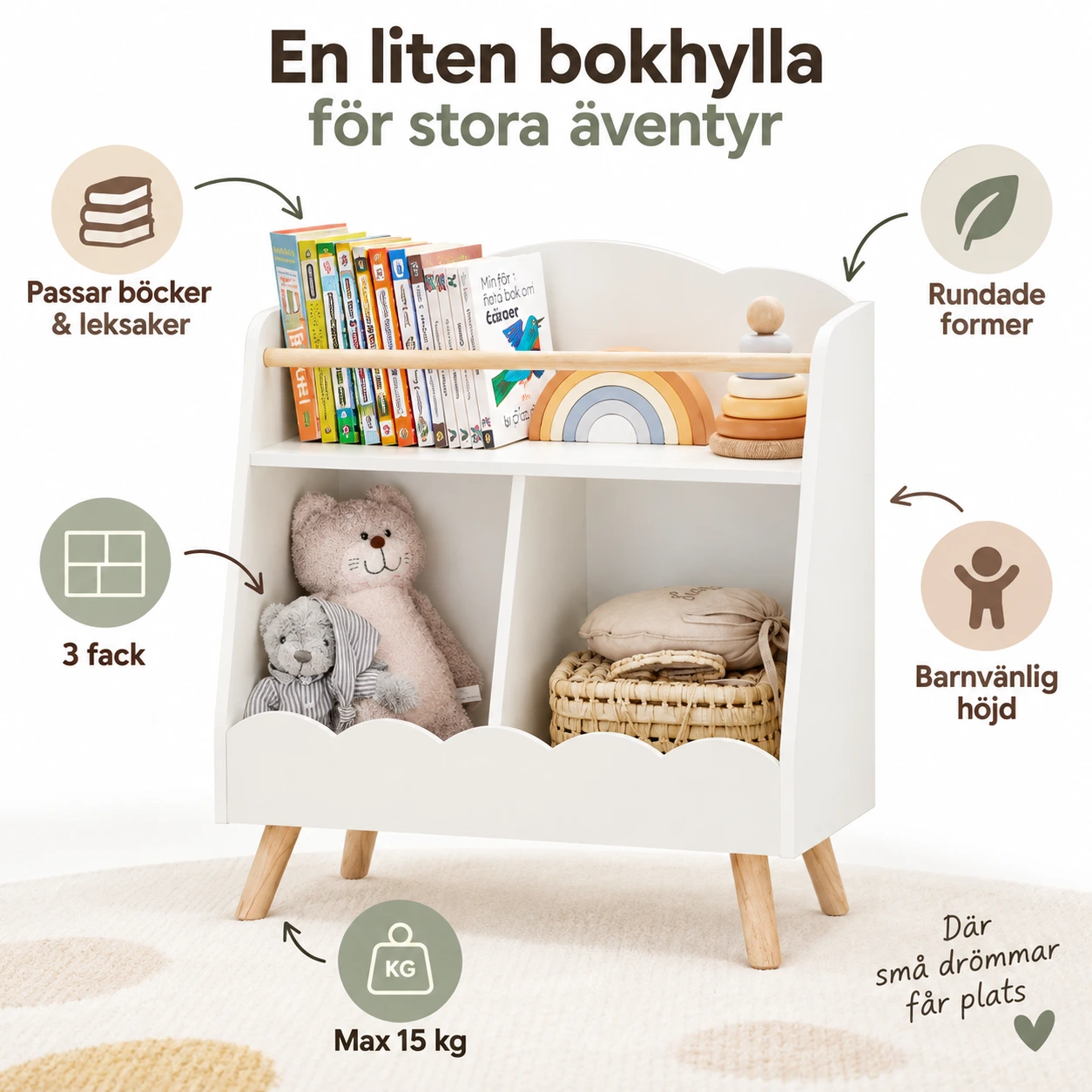 Barnbokhylla med 3 fack i vit MDF och trä, 61x71x35 cm
