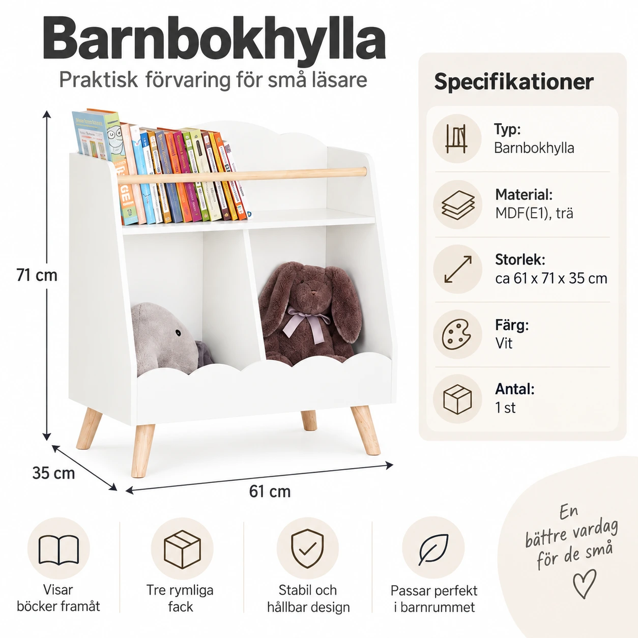 Barnbokhylla med 3 fack i vit MDF och trä, 61x71x35 cm