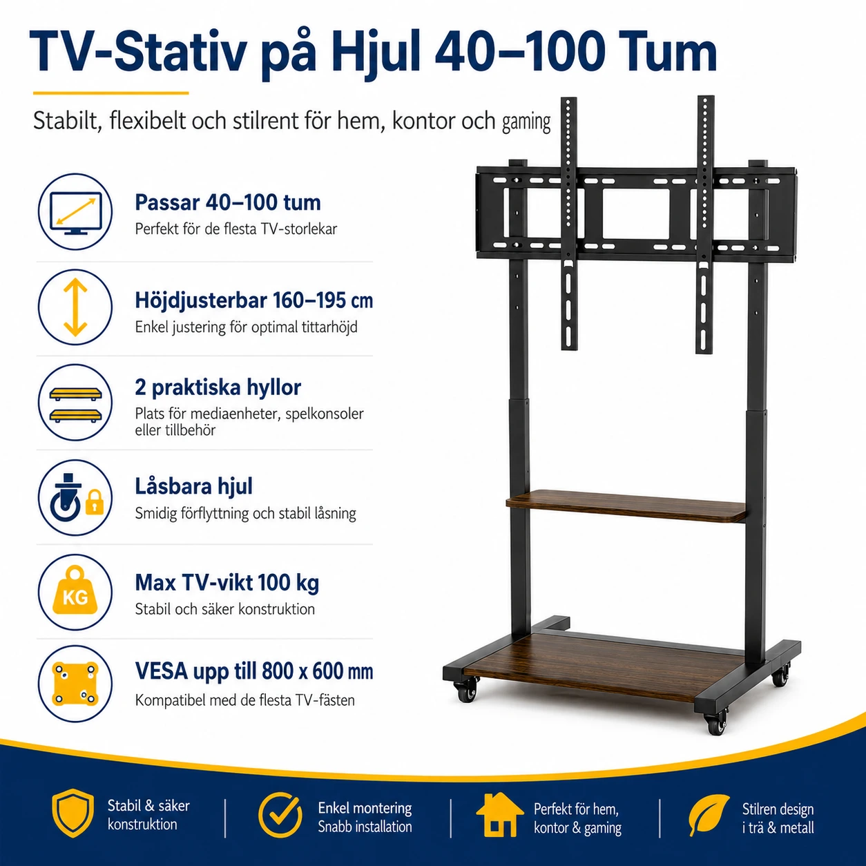 TV-Stativ på Hjul 40–100 Tum med Hyllor