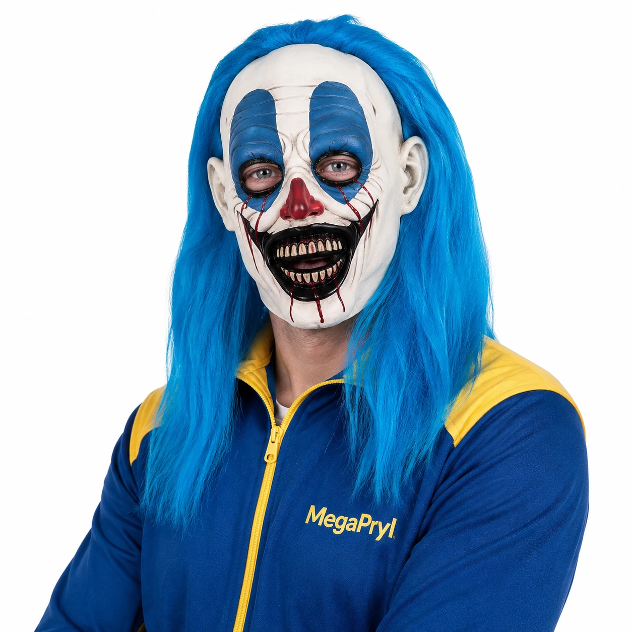 Clownmask för halloween med blått hår