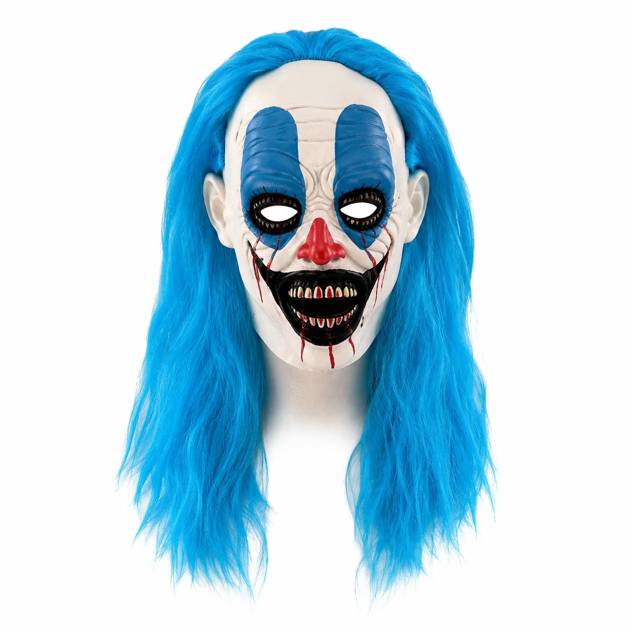 Clownmask för halloween med blått hår