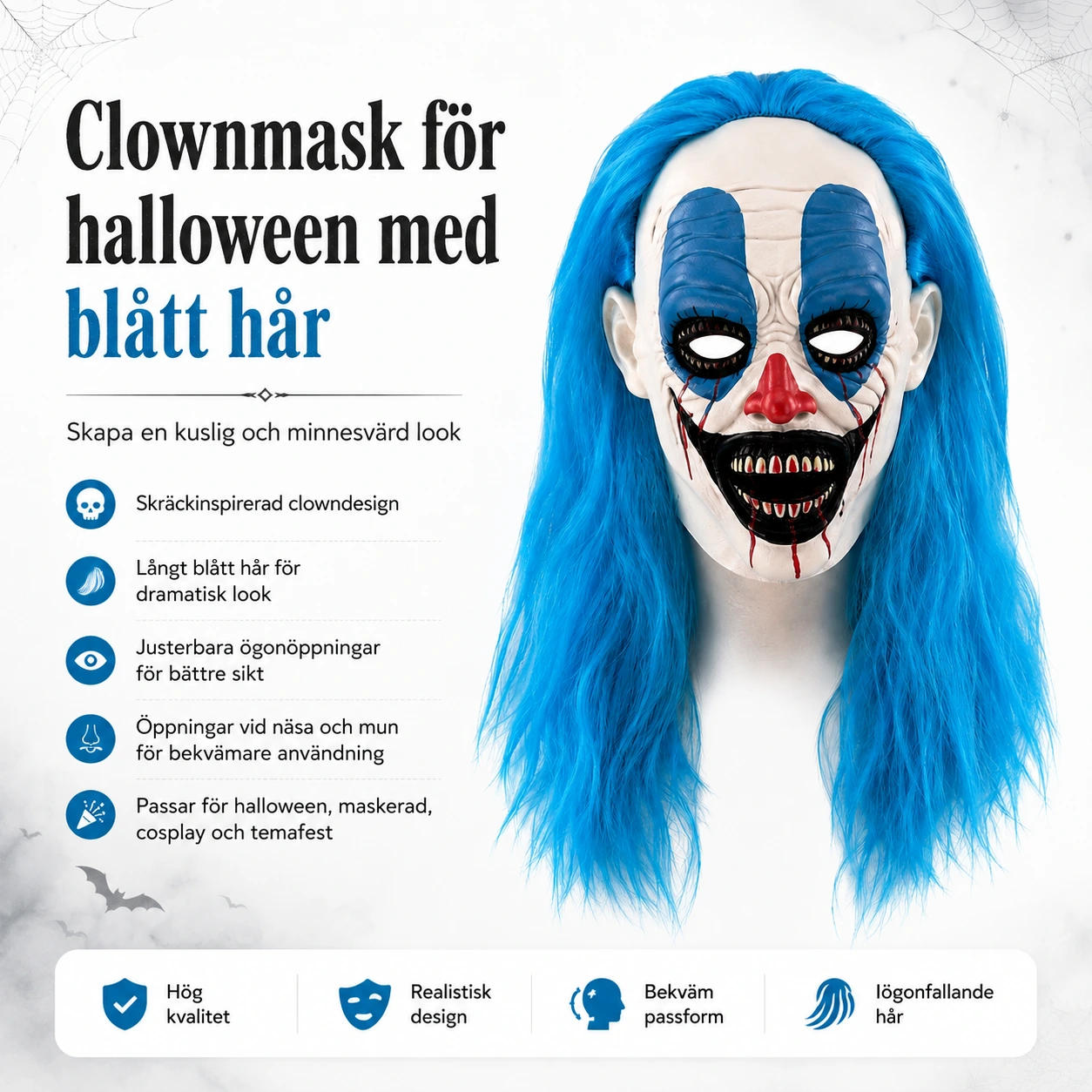 Clownmask för halloween med blått hår
