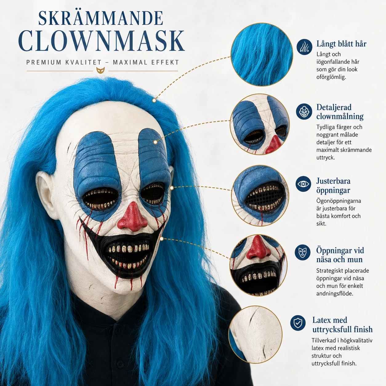 Clownmask för halloween med blått hår