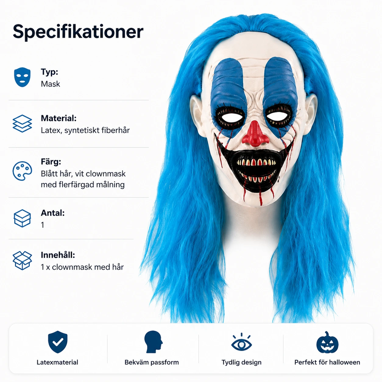 Clownmask för halloween med blått hår