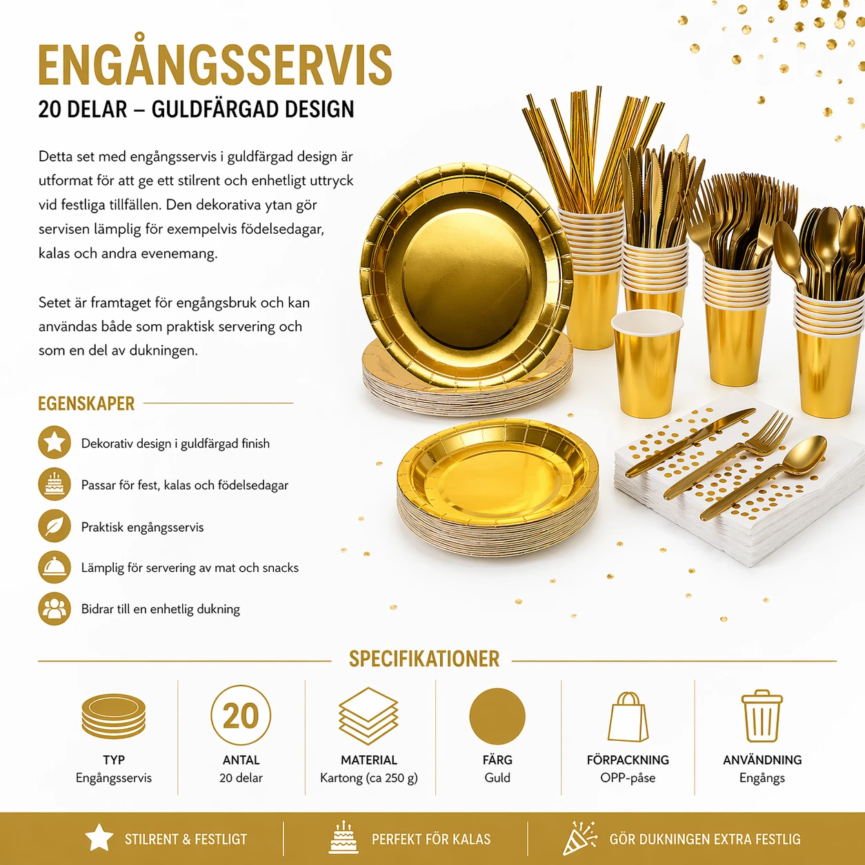 Guld Engångsservis festset – välj de delar du behöver