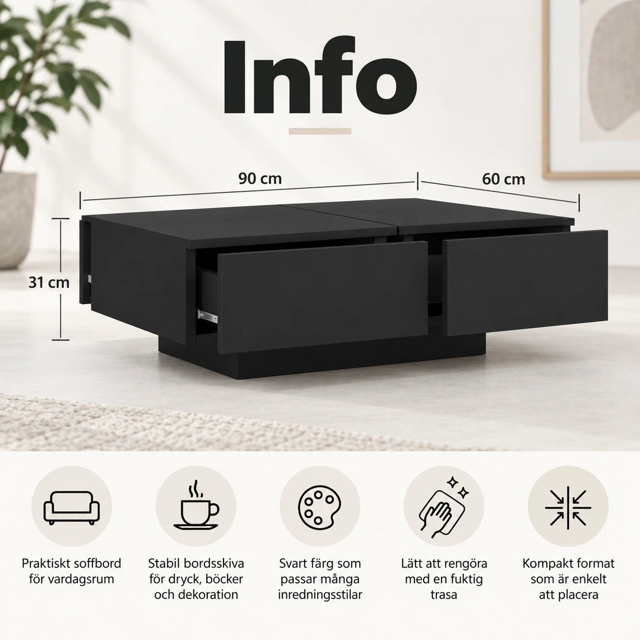 Soffbord svart 90 x 60 x 31 cm