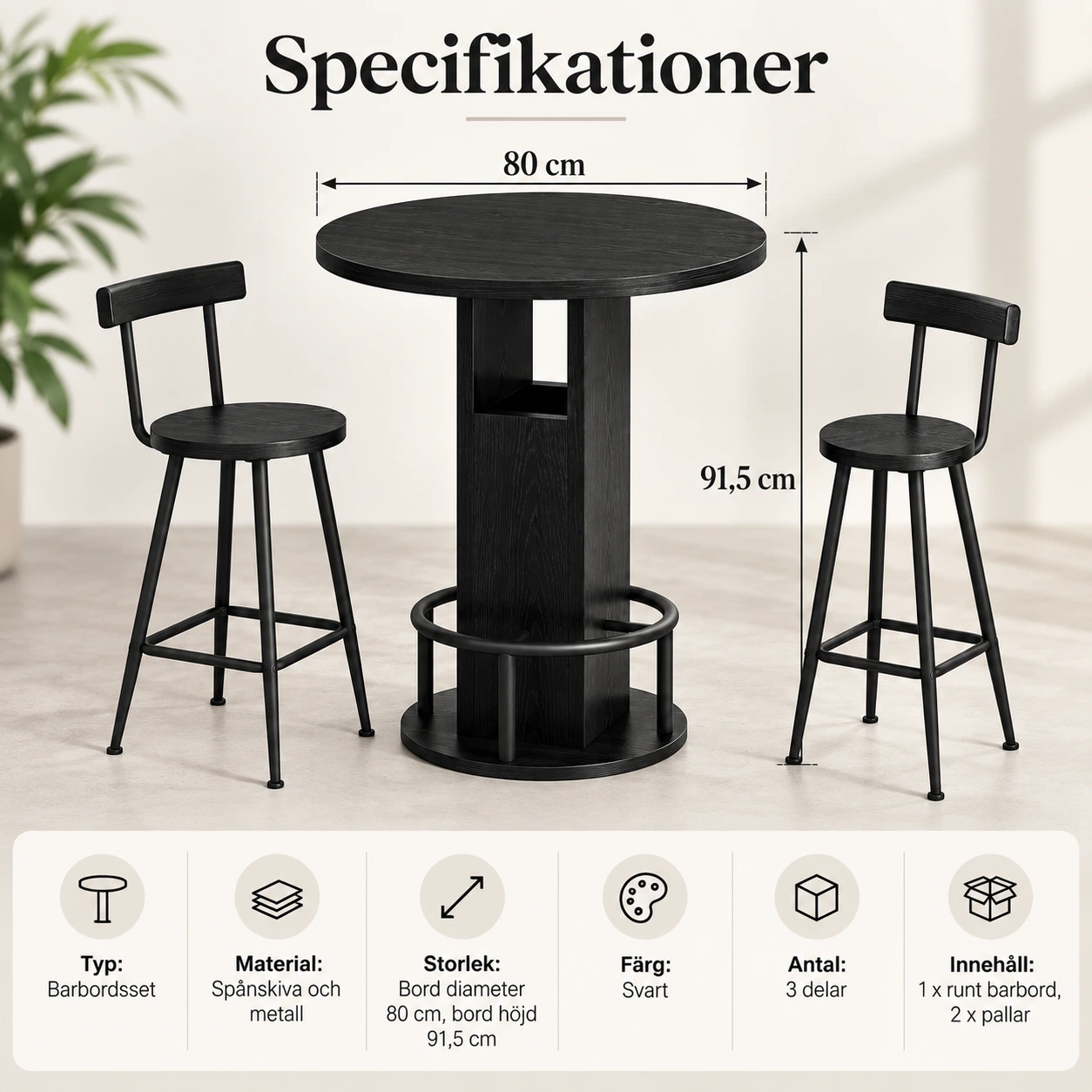 Barbord med 2 pallar och förvaring, svart